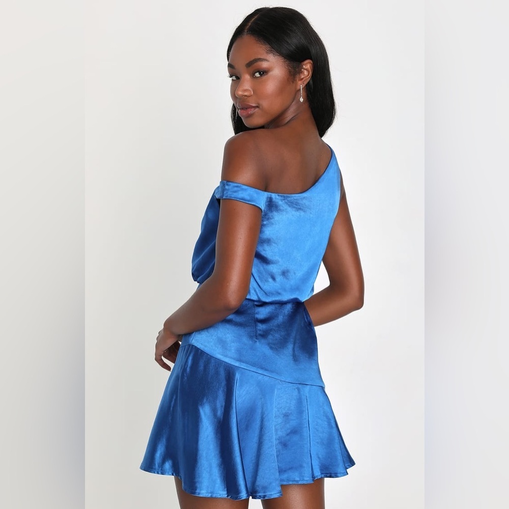 Lulus Iconic Crush Blue Satin One Shoulder Mini Dress - Picture 2 of 6